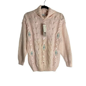NWT Grandmacore Cottagecore Vintage Pink Embroidered Ribbon Knit Sweater-sz Medi